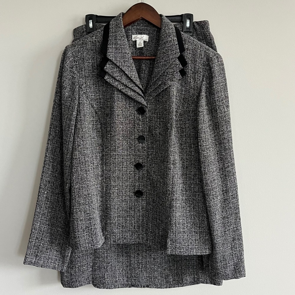 Kim Rogers Women's 2 Piece Black White Tweed Skirt Suit Set Blazer Career Sz 14